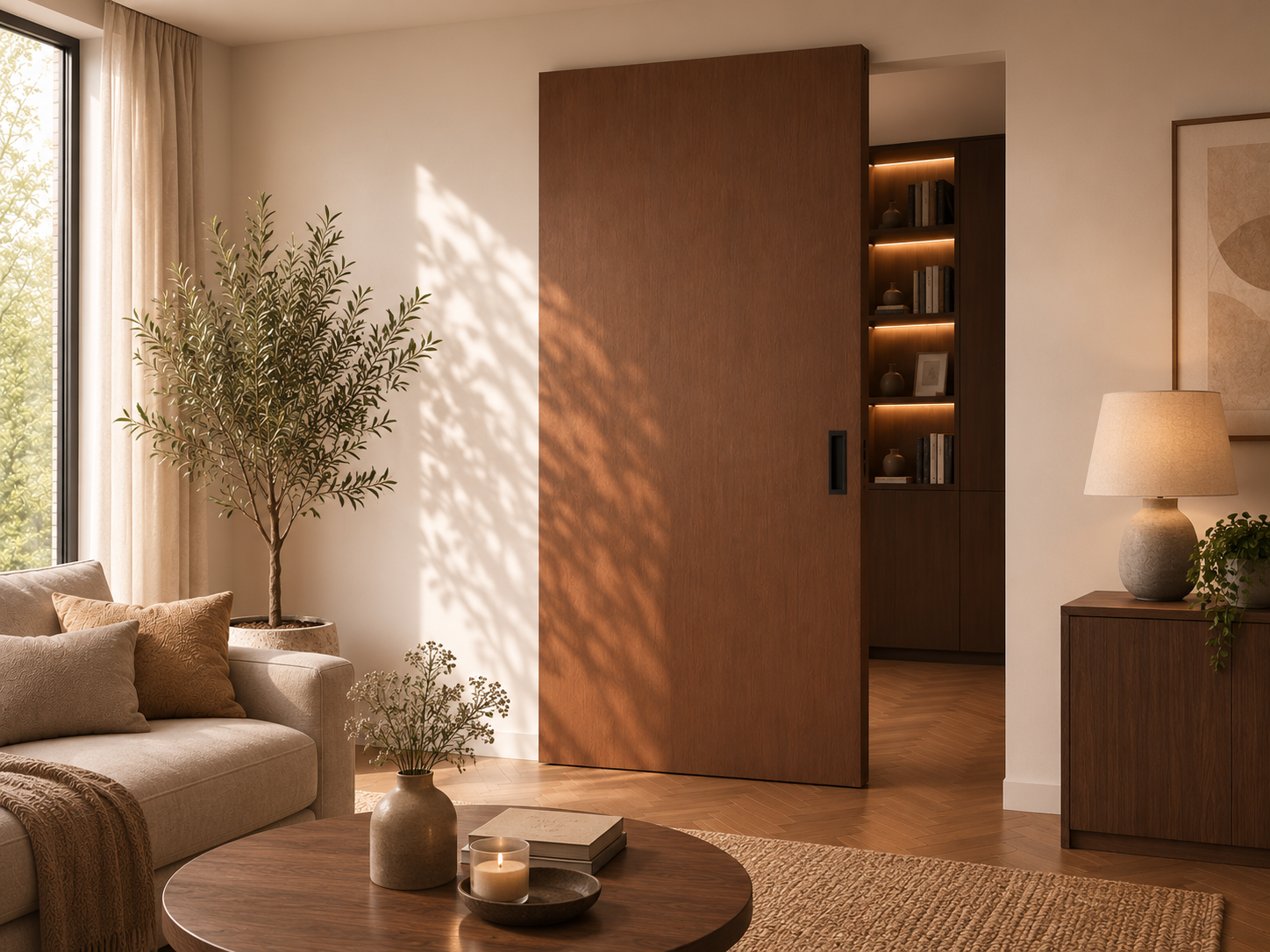 Houten schuifdeur in een interieur